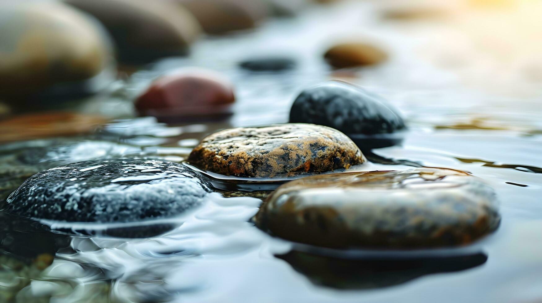 ai généré lisse rivière des pierres partiellement submergé dans l'eau photo