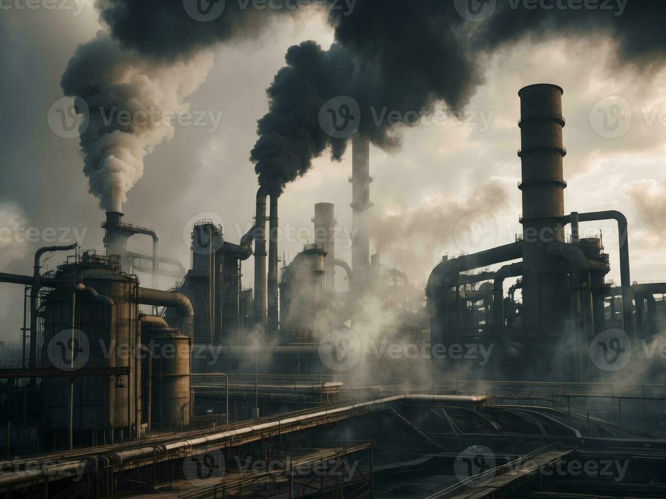 ai généré industriel usine raffinerie produisant une lot de pollution, plume de fume pollué ozone couche photo