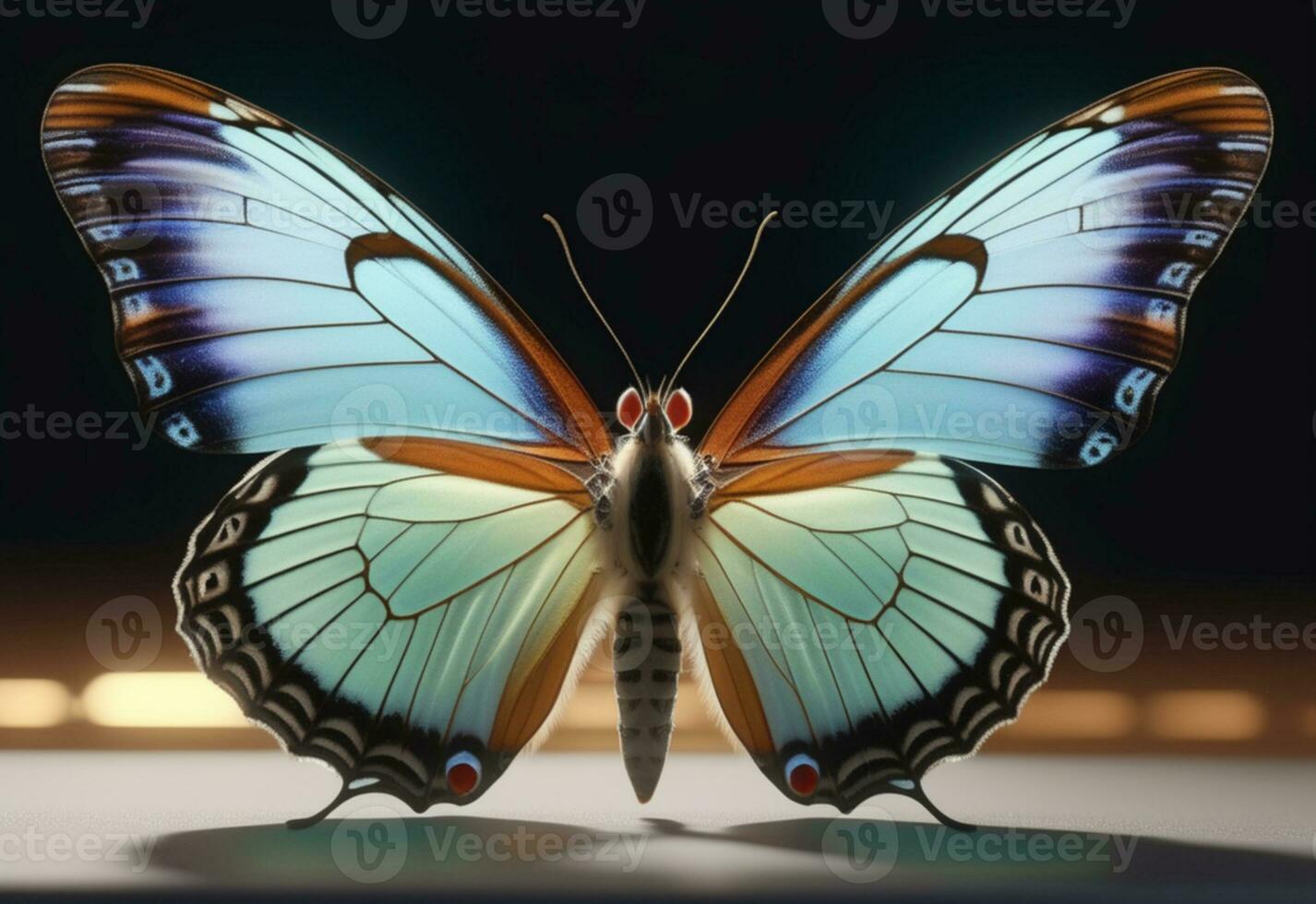 ai généré une papillon avec bleu et Orange ailes est sur une vert feuille photo
