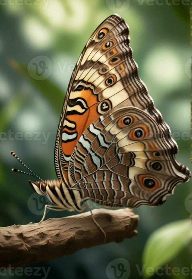 ai généré une papillon est séance sur une plante avec feuilles photo