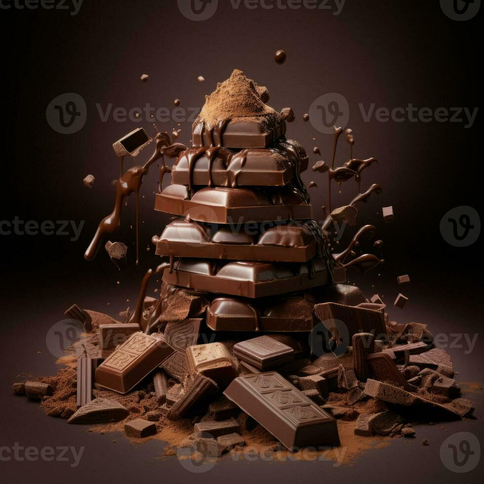 ai généré Noël arbre fabriqué de Chocolat. Chocolat bar empiler avec Chocolat des sucreries et des noisettes sur foncé Contexte photo