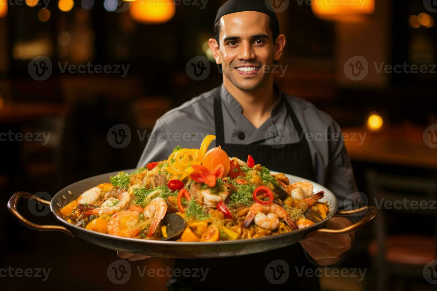 ai généré chef en portant une assiette de Paëlla avec Fruit de mer et des légumes. photo