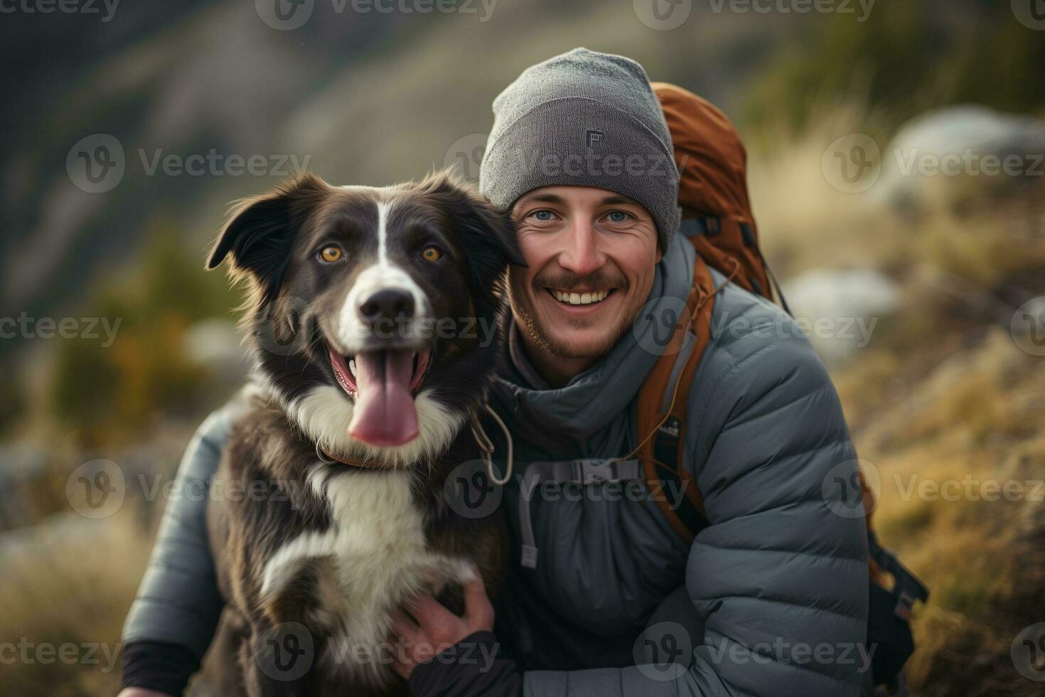 ai généré une image de une homme randonnée et le sien préféré chien. photo