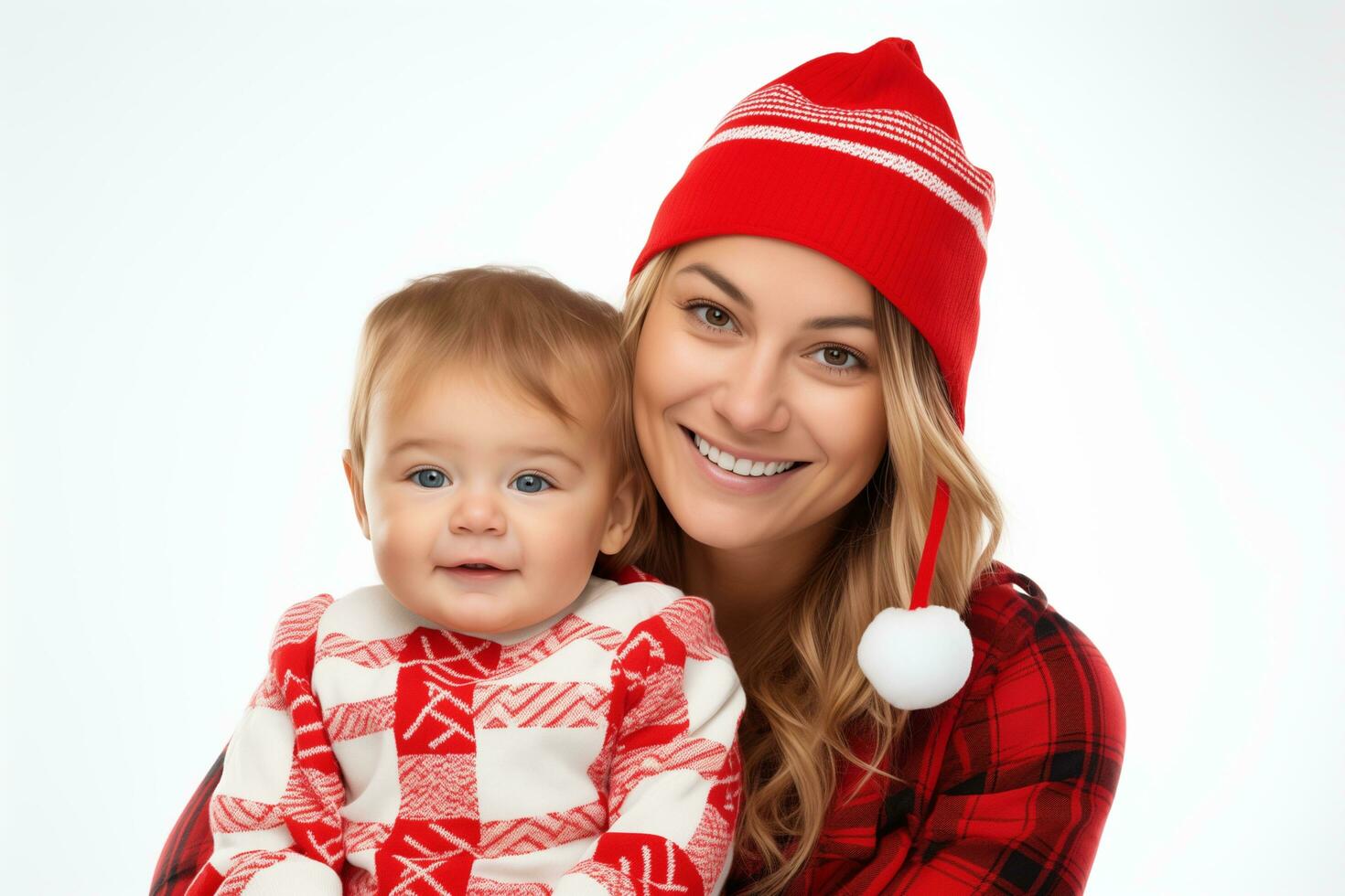 ai généré femme avec mignonne peu enfant porter mignonne Noël tenues de la mère peu fils isolé sur blanc Contexte. studio photo