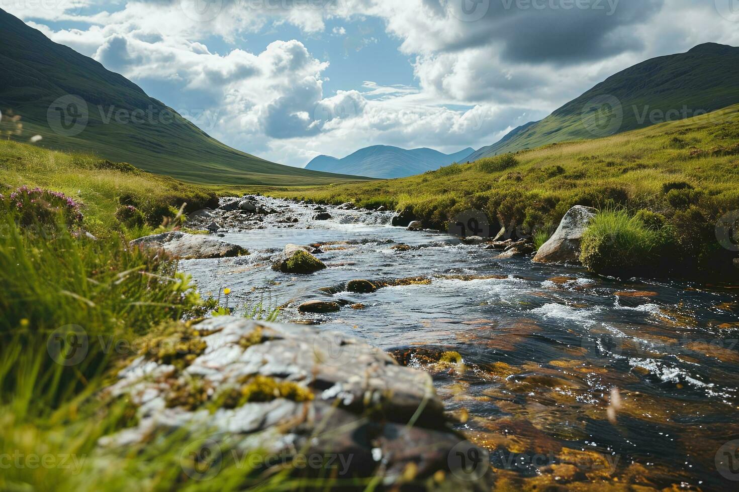 ai généré photographier de une petit courant au milieu de le montagnes. photo