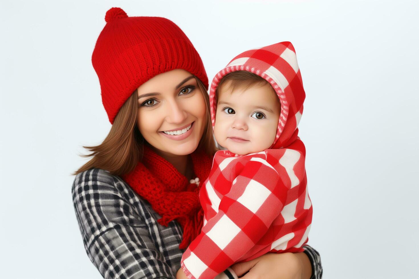 ai généré femme avec mignonne peu enfant porter mignonne Noël tenues de la mère peu fils isolé sur blanc Contexte. studio photo