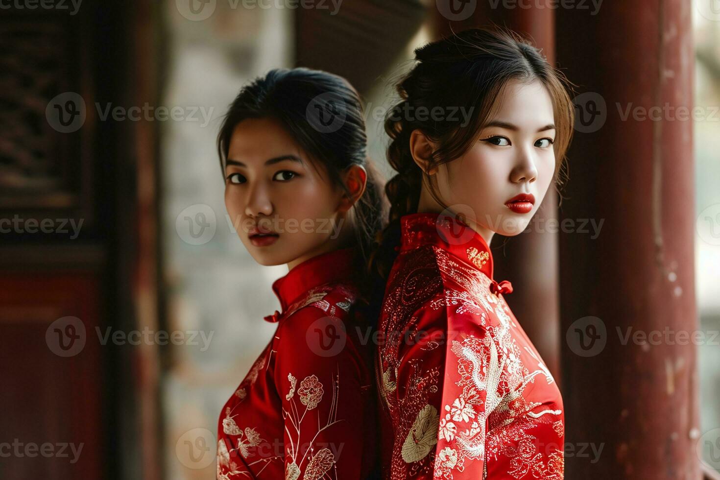 ai généré image de une Jeune asiatique femme portant une rouge robe à le chinois Nouveau année Festival photo