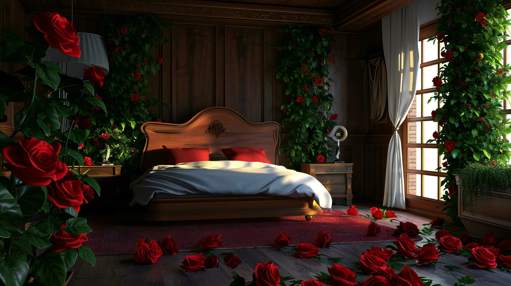 ai généré enchanté des bois chambre avec luxuriant Rose décor photo