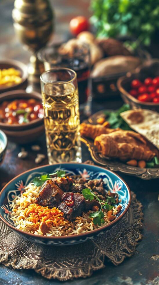 ai généré aromatique riz avec soumissionner agneau et Frais herbes photo