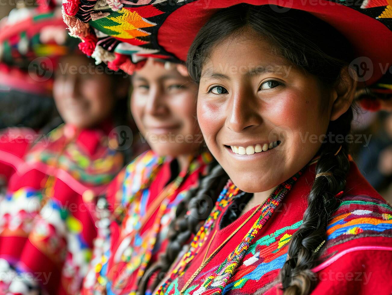 ai généré souriant originaire de indigène gens de Pérou habillé dans coloré originaire de vêtements photo