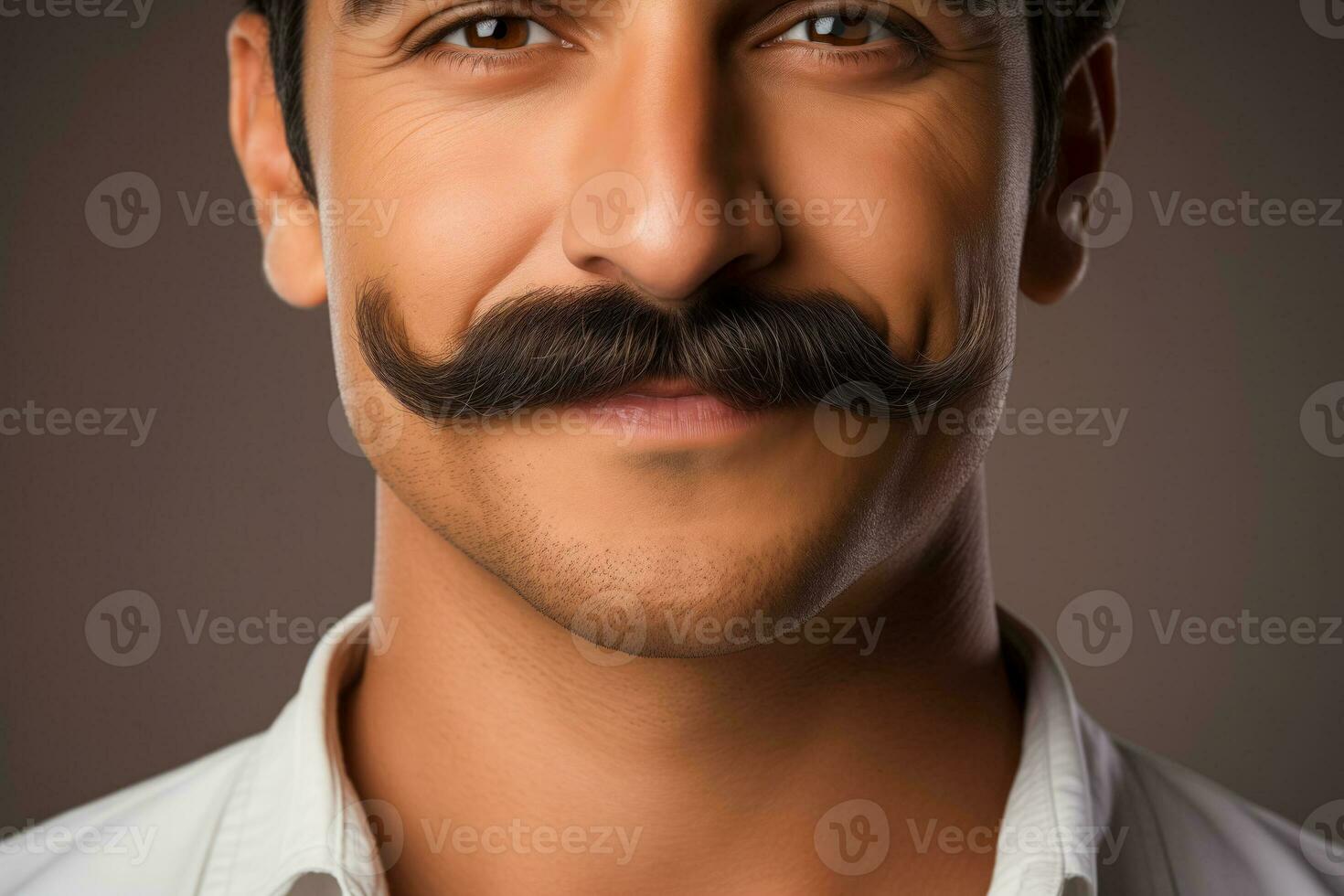 ai généré proche en haut image de une homme avec une à la mode moustache représentant movember Pour des hommes santé conscience sur une blanc Contexte photo