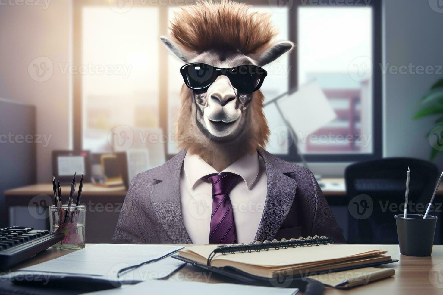 ai généré marrant homme d'affaire avec une lama coiffure et des lunettes de soleil dans le sien Bureau photo