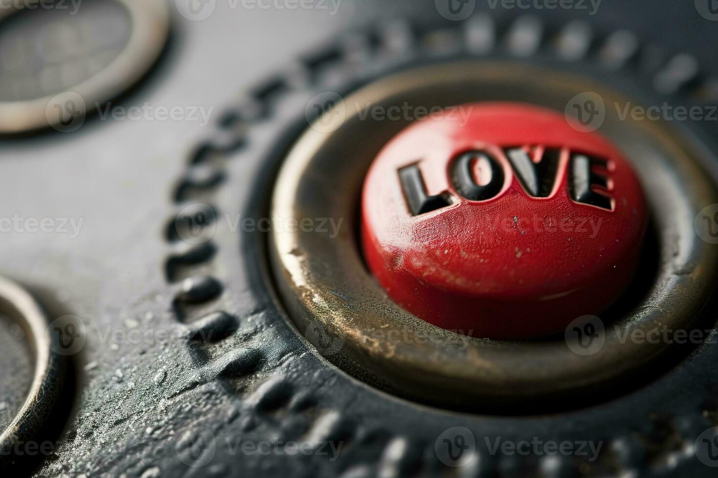 ai généré vibrant contrôle bouton avec le mot l'amour en relief dans audacieux des lettres apposé à une patiné industriel panneau, symbolisant le Puissance et urgence de l'amour. valentines concepts. photo