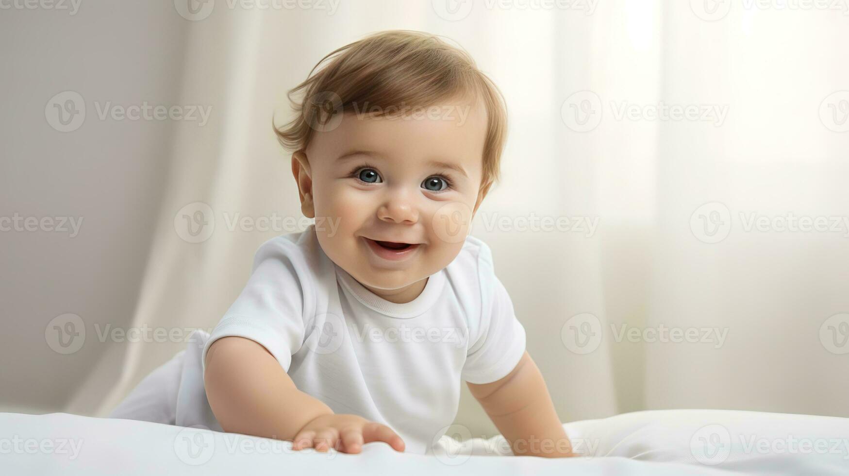 ai généré joyeux bébé sur une doux blanc lit atteint en dehors avec une minuscule main, souriant ludique contre une soigné, lumière toile de fond, capturer une moment de innocent curiosité. photo