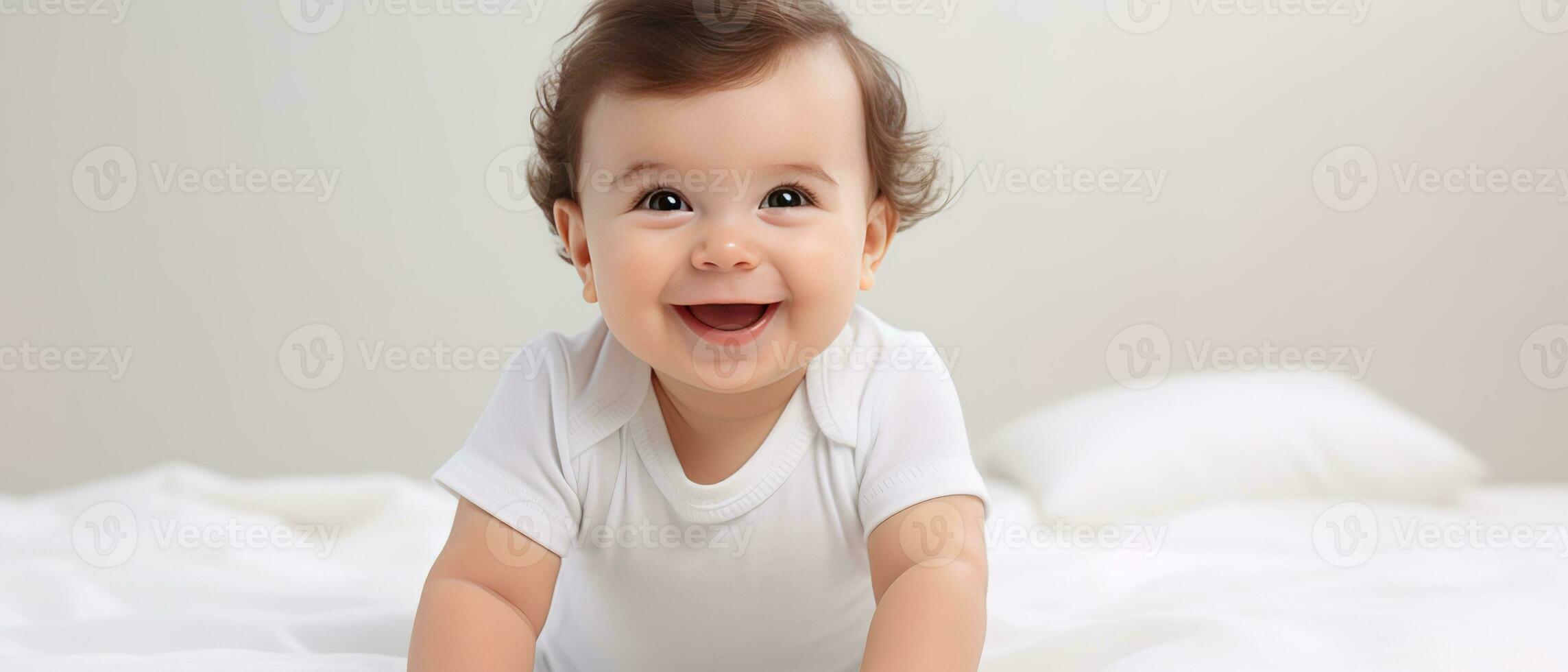 ai généré joyeux bébé sur une doux blanc lit atteint en dehors avec une minuscule main, souriant ludique contre une soigné, lumière toile de fond, capturer une moment de innocent curiosité. photo