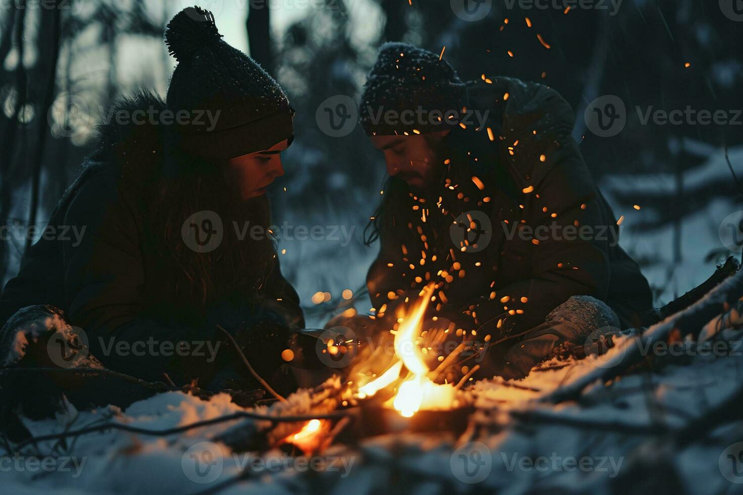 ai généré vibrant feu de camp crépitements au milieu de une neigeux scène, avec d'or bokeh lumières et deux flou Les figures assise derrière, évoquant chaleur dans le du froid hiver ambiance. photo