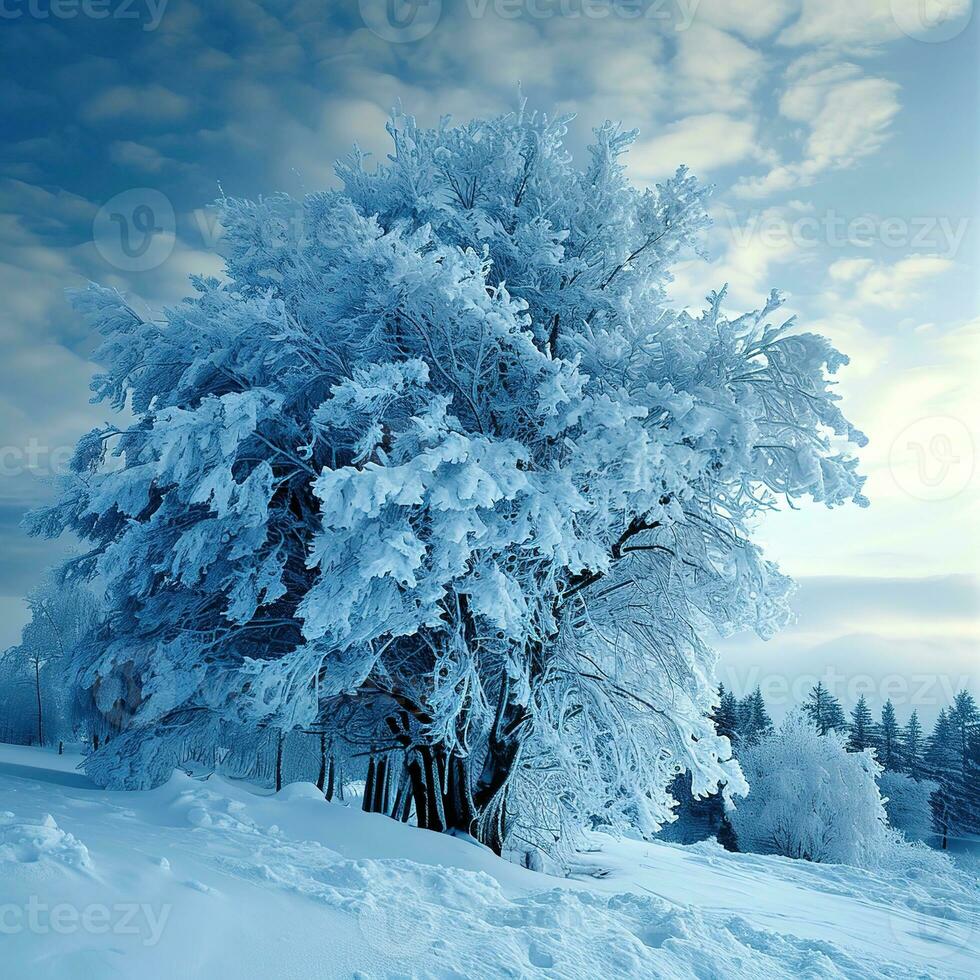 ai généré solitaire arbre des stands couvert dans gel contre une brillant bleu ciel, entouré par une parfait neigeux paysage avec empreintes épars à travers le premier plan. photo