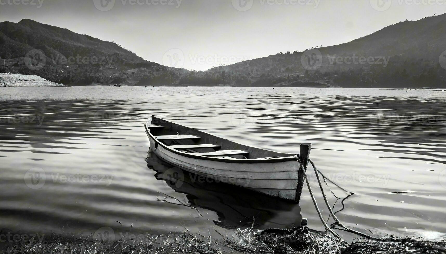 ai généré une noir et blanc photo de une bateau sur le l'eau