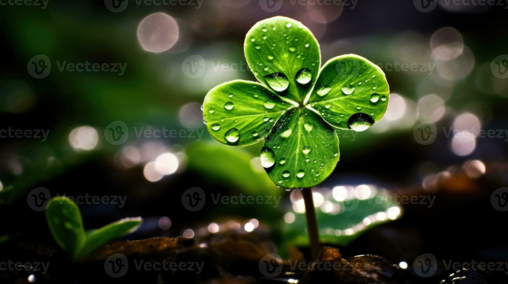 ai généré couvert de rosée quatre feuilles trèfle parfait pour st. patrick's journée photo