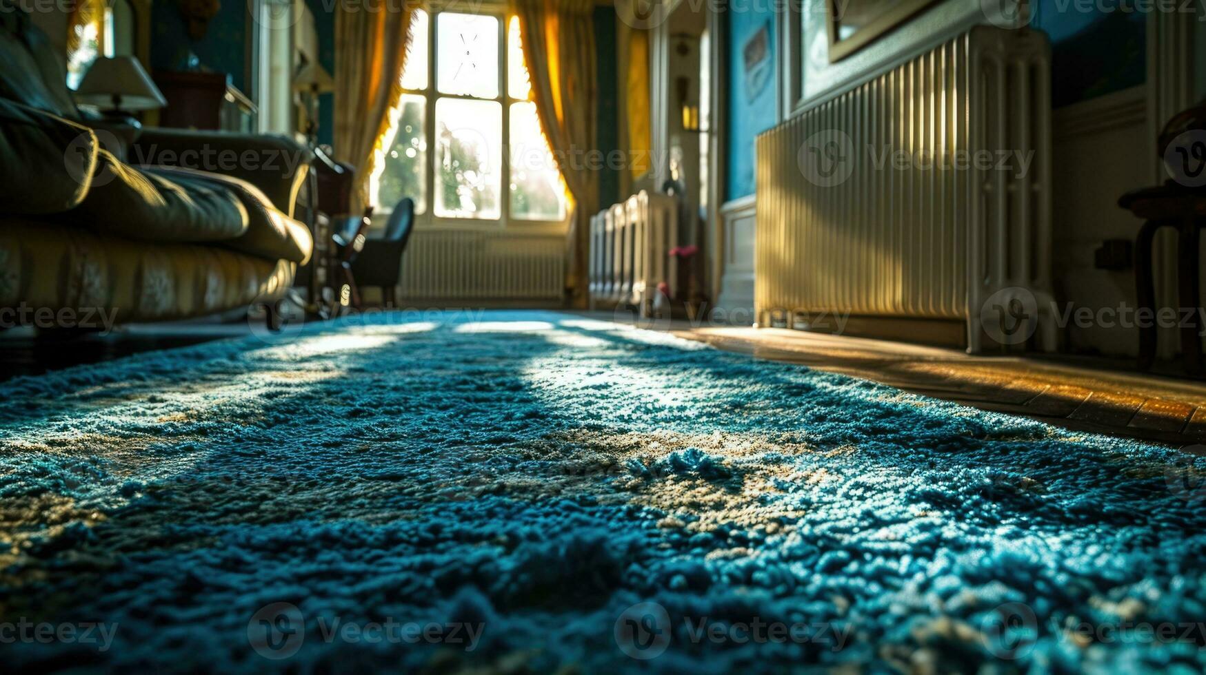 ai généré fermer de bleu texturé tapis dans moderne Accueil intérieur. photo