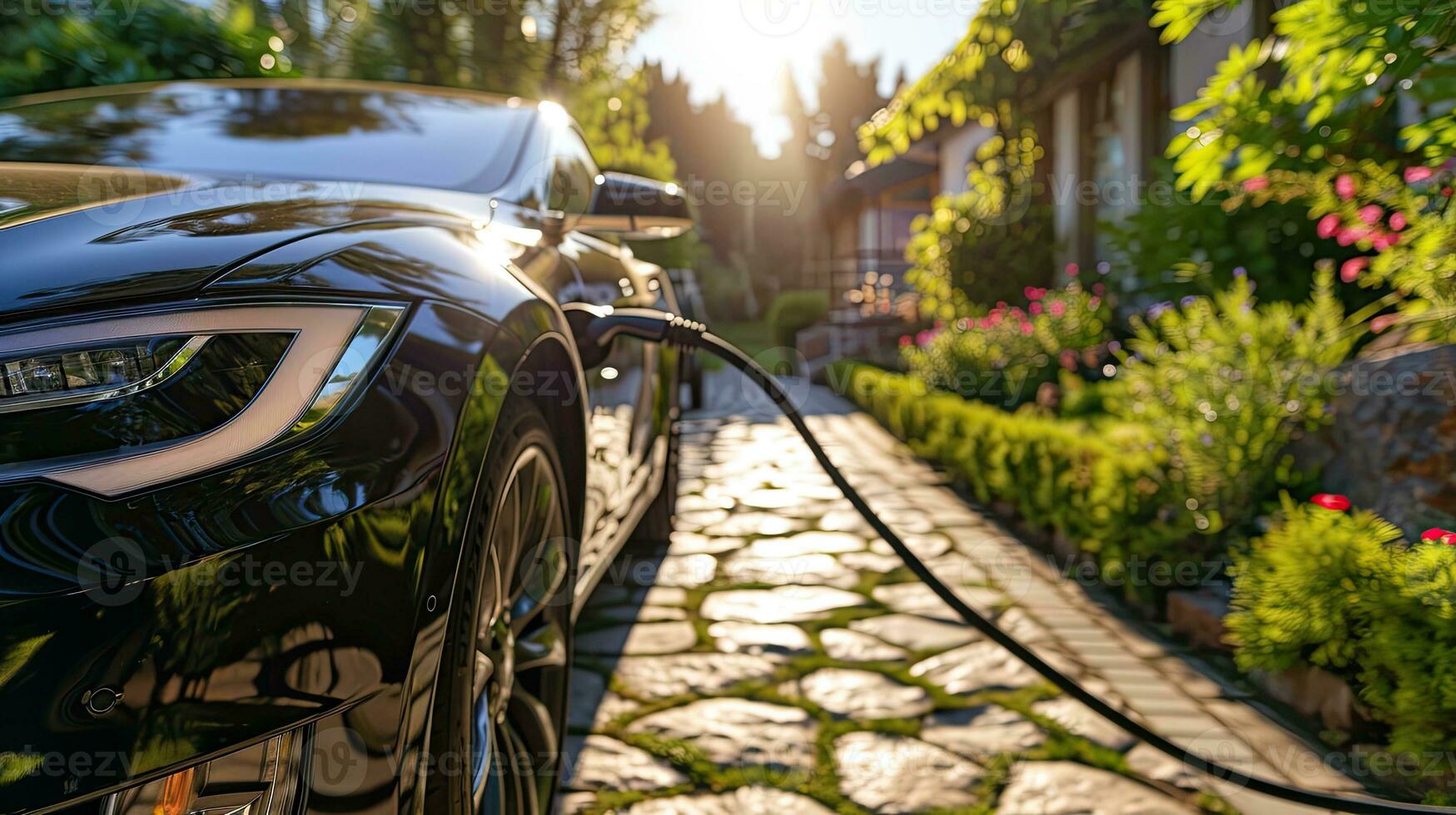 ai généré électrique véhicule mise en charge à Accueil pendant d'or heure photo