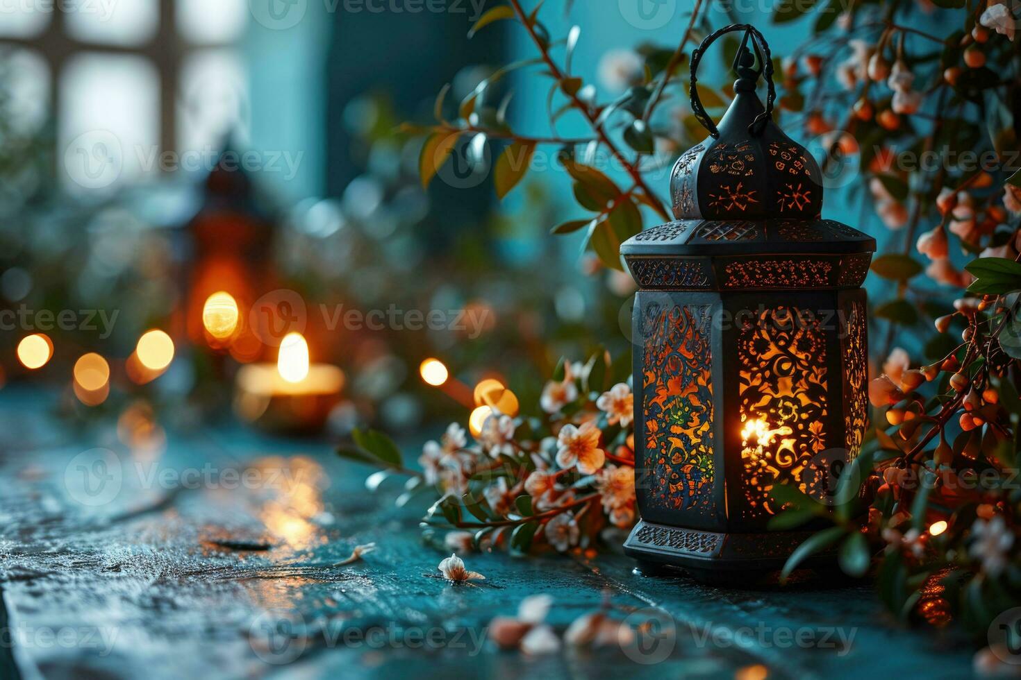 ai généré complexe lanterne au milieu de floral fleurit fête eid mubarak photo