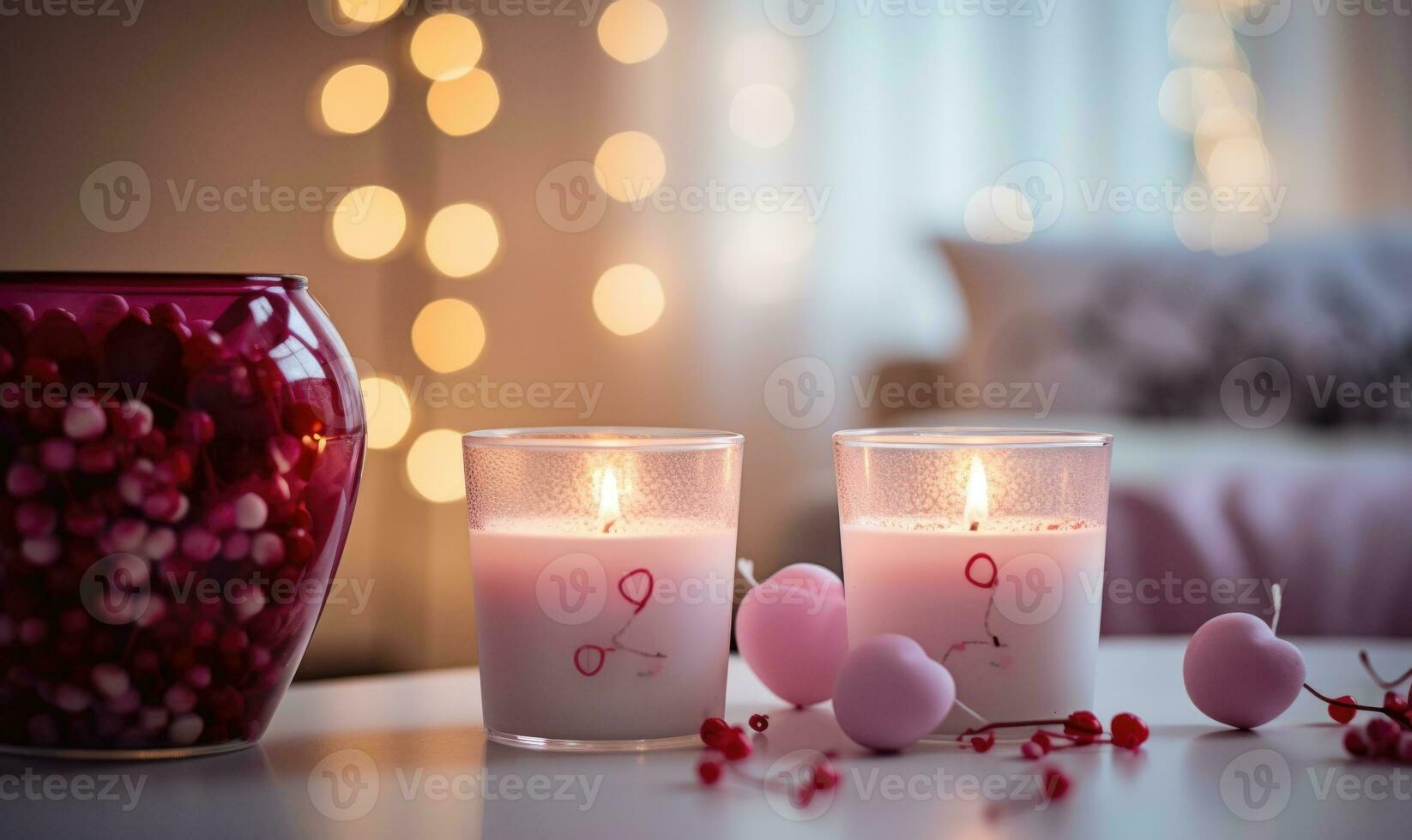ai généré brûlant bougies dans pièce décoré pour la Saint-Valentin jour, fermer photo