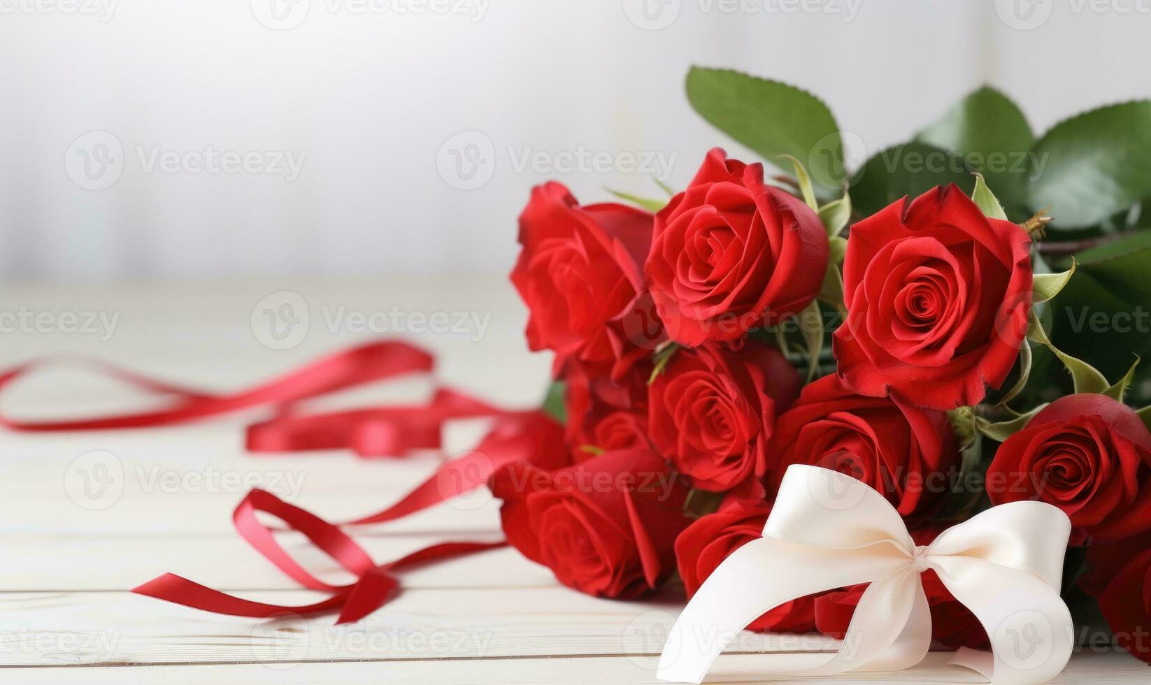 ai généré bouquet de rouge des roses et rose ruban sur blanc en bois Contexte photo