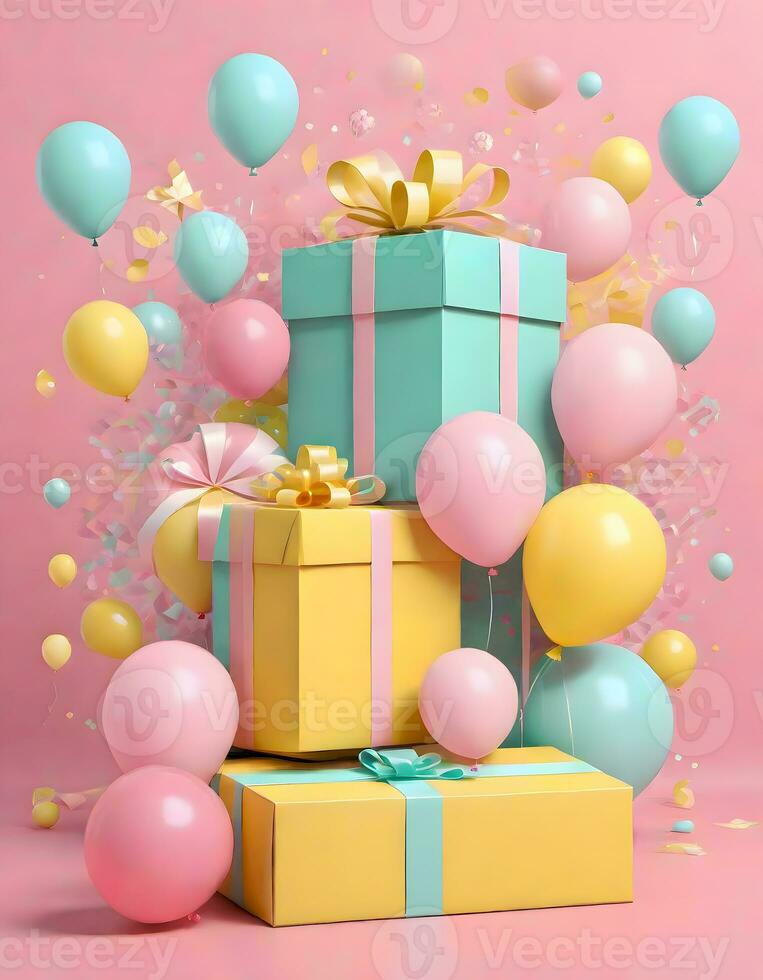 ai généré pastel cadeau des boites et des ballons, génératif ai photo