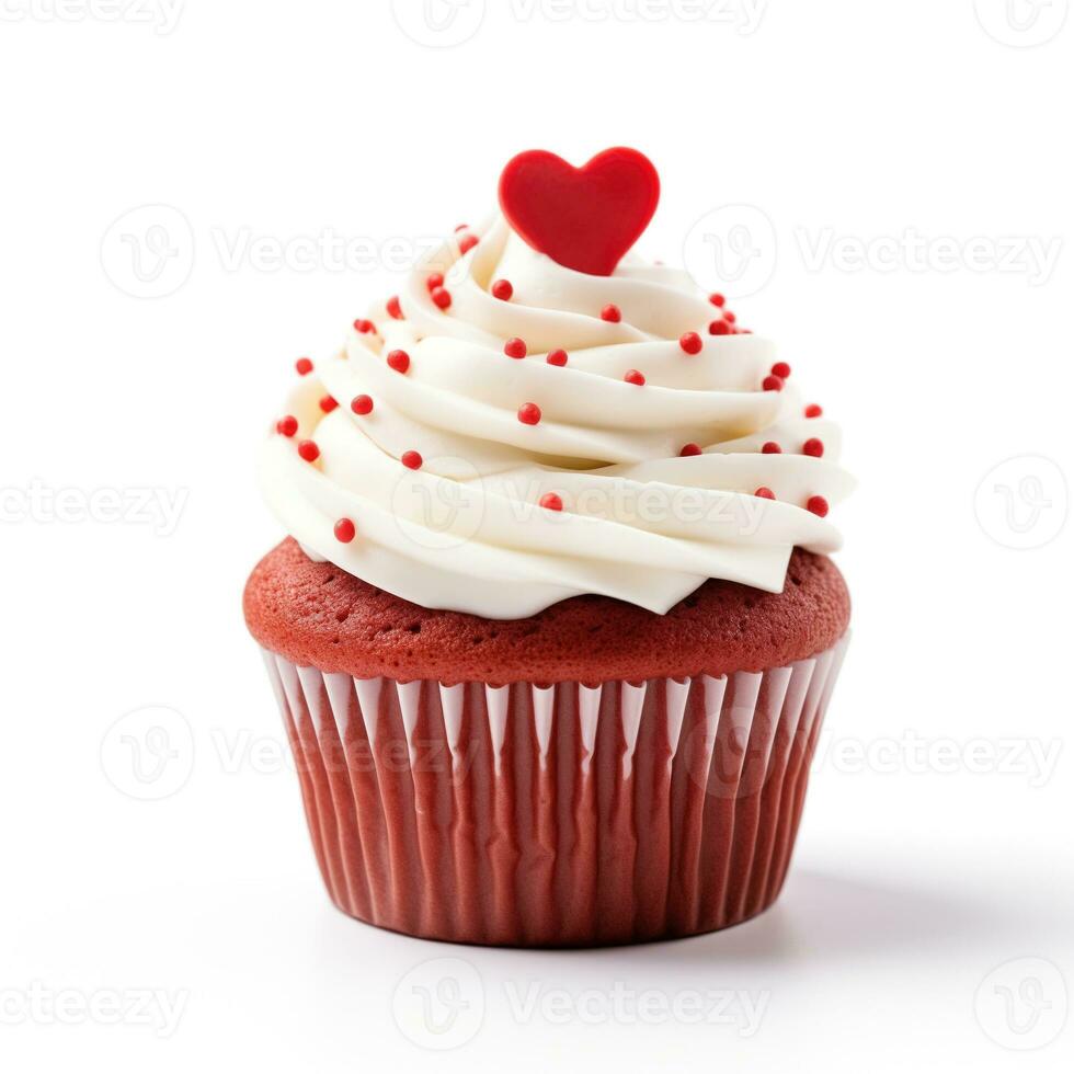 ai généré rouge velours petit gâteau avec crème fromage glaçage et une fondant cœur sur une blanc arrière-plan, concept pour valentines journée photo