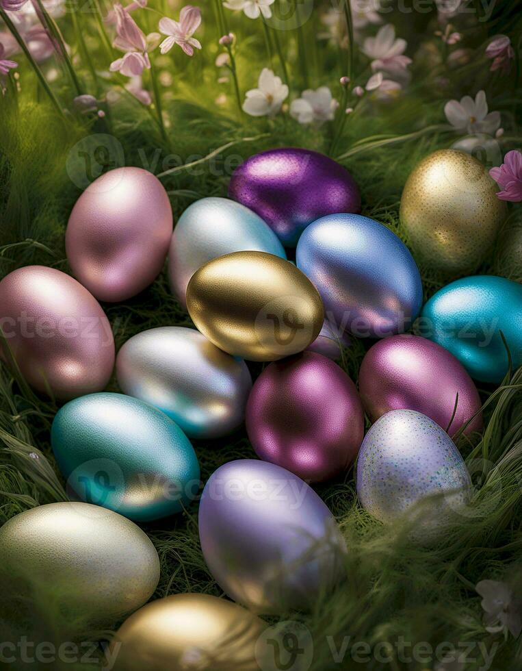 ai généré groupe de Pâques des œufs avec brillant couleurs photo