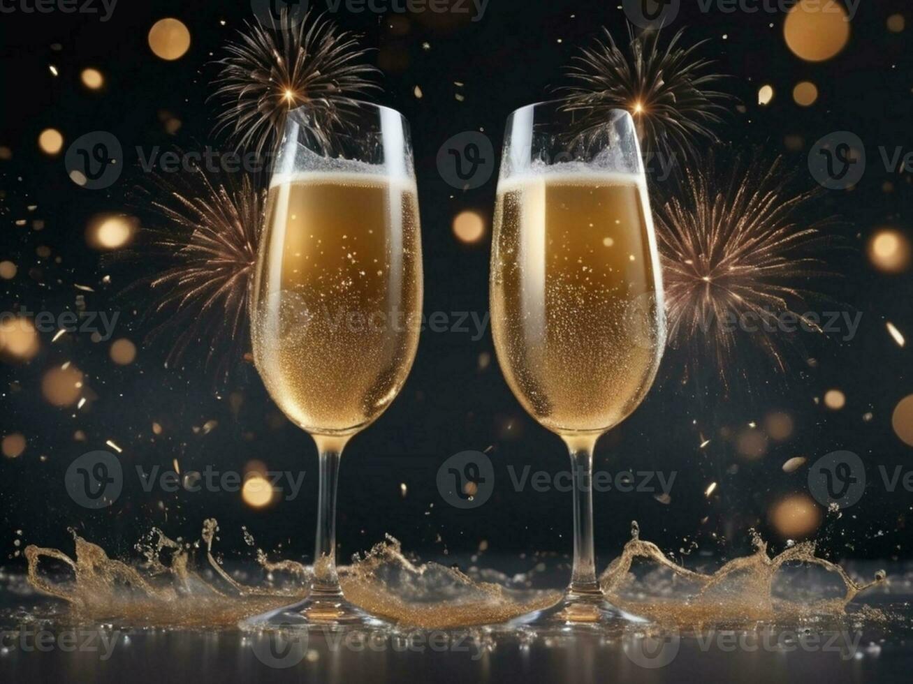 ai généré des lunettes de Champagne avec éclaboussure et feu d'artifice prêt à apporter dans le Nouveau année 2024 photo