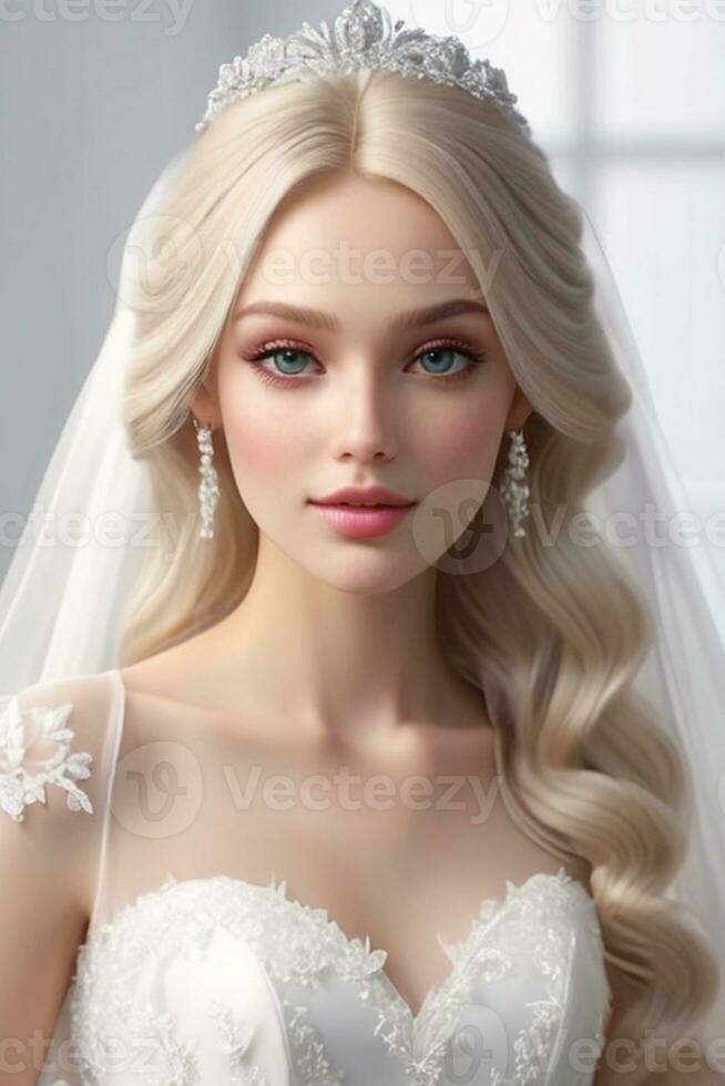 ai généré blond magnifique modèle dans mariage robe et de mariée maquillage photo