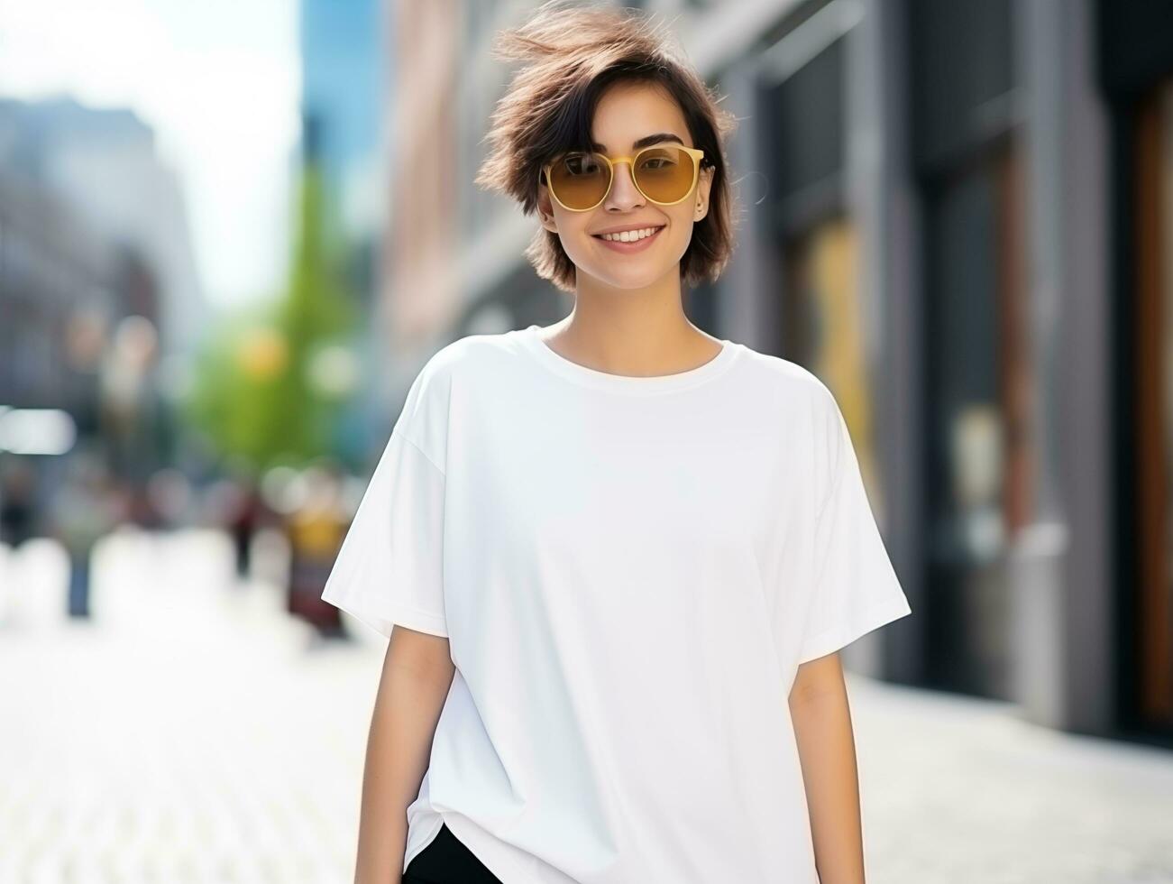 ai généré attrayant Jeune femme portant Vide vide surdimensionné blanc T-shirt maquette pour conception modèle photo