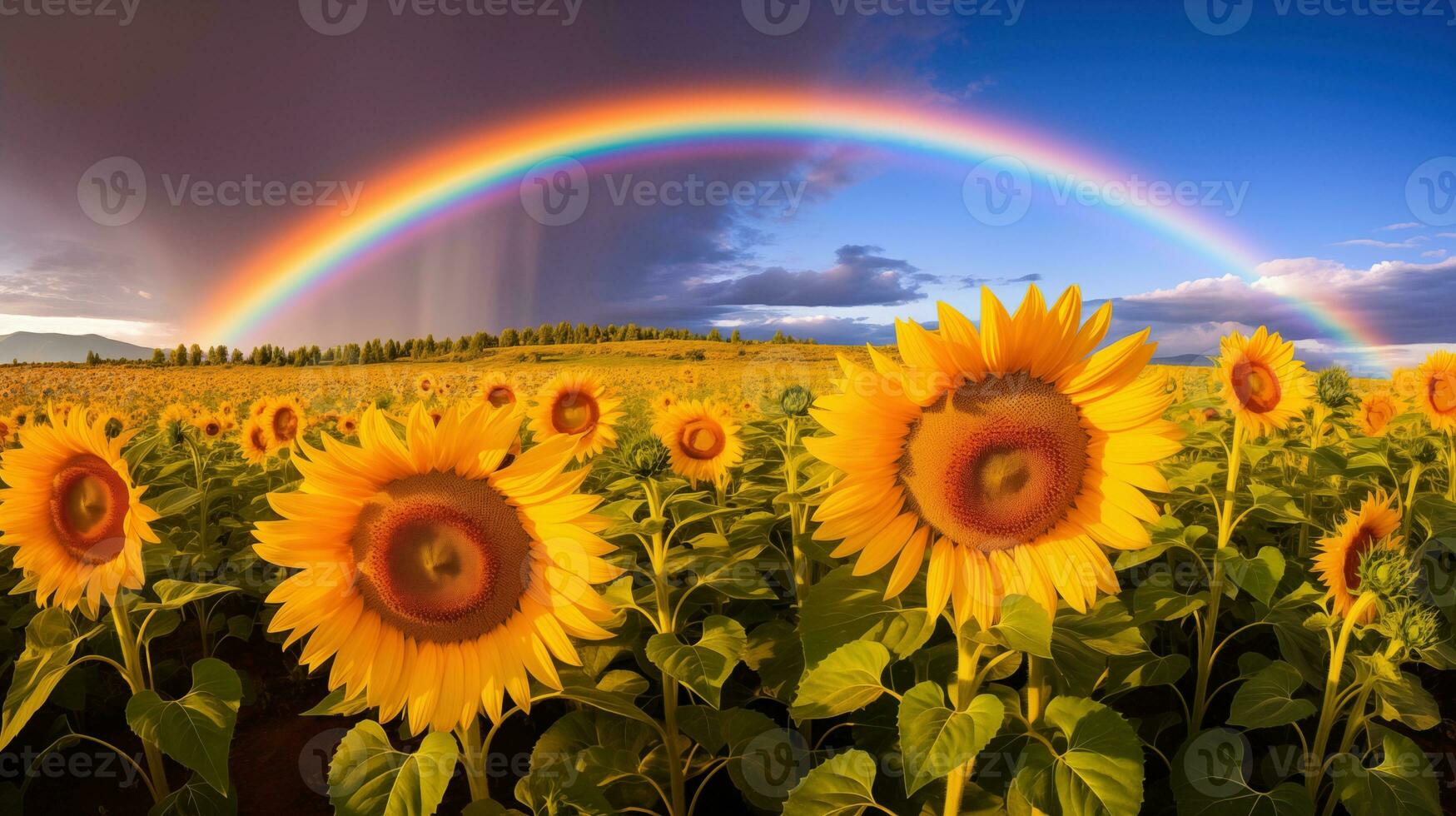 ai généré une paisible paysage Prairie champ avec arc en ciel dans le ciel photo