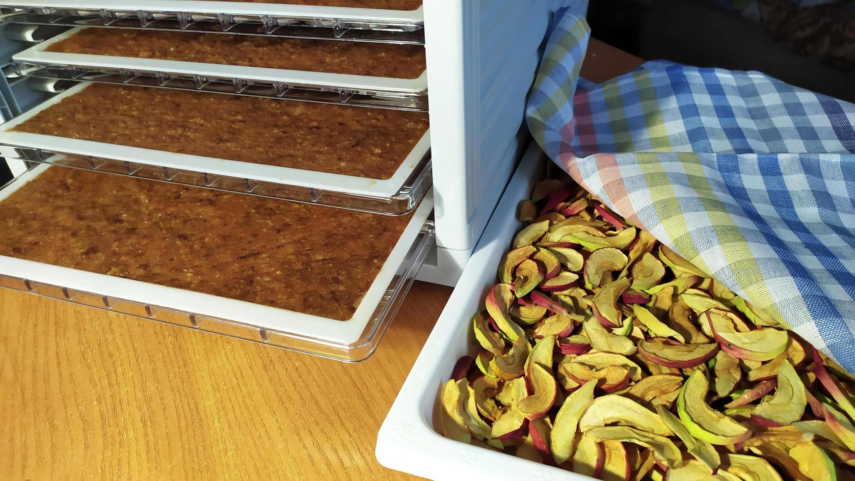 fruits secs. séchage des pommes dans un séchoir électrique. récolter des pommes pour une utilisation future. cuisson des guimauves. photo