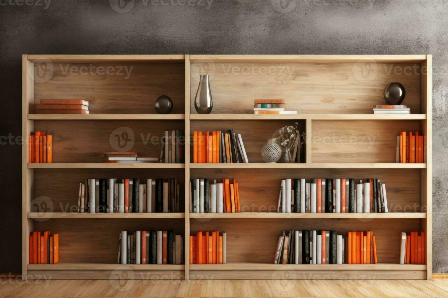 ai généré moderne style scandinave intérieur, en bois étagère à livres, Accueil bibliothèque, piles de livres photo