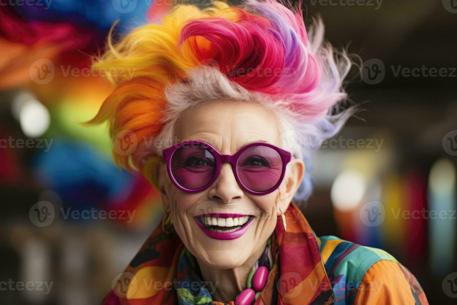 ai généré une Sénior femme avec vibrant, multicolore cheveux et tenue. photo