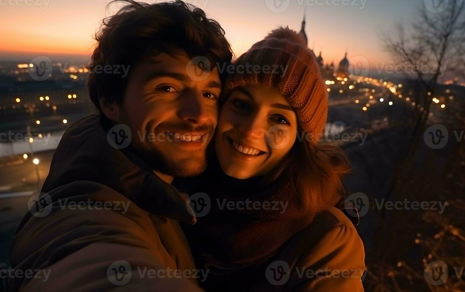 ai généré portrait de une couple contre le Contexte de le ville. photo