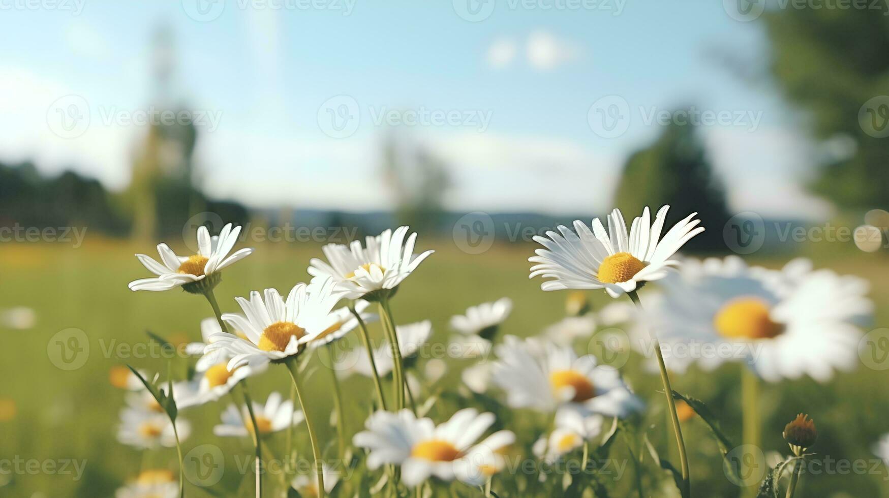 ai généré camomille champ, printemps Contexte. photo