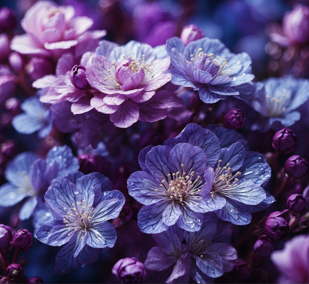 ai généré magnifique rose et violet fleurs sur une foncé Contexte. fermer photo