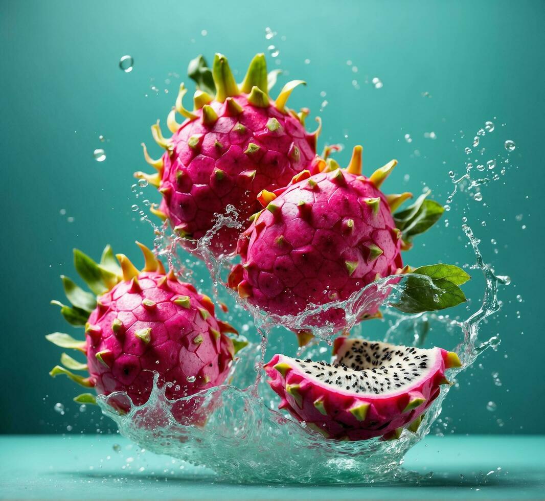 ai généré dragon fruit avec l'eau éclaboussure sur turquoise Contexte. tropical fruit. photo