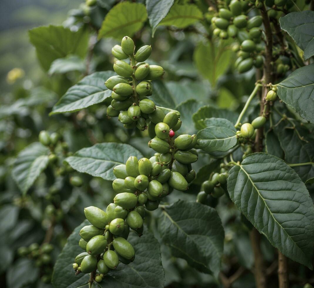 ai généré café arbre avec vert vert café des haricots sur plantation photo