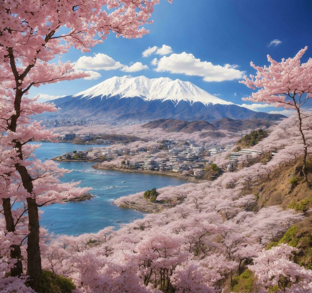 ai généré magnifique Cerise fleur et mt. Fuji dans printemps, Japon photo