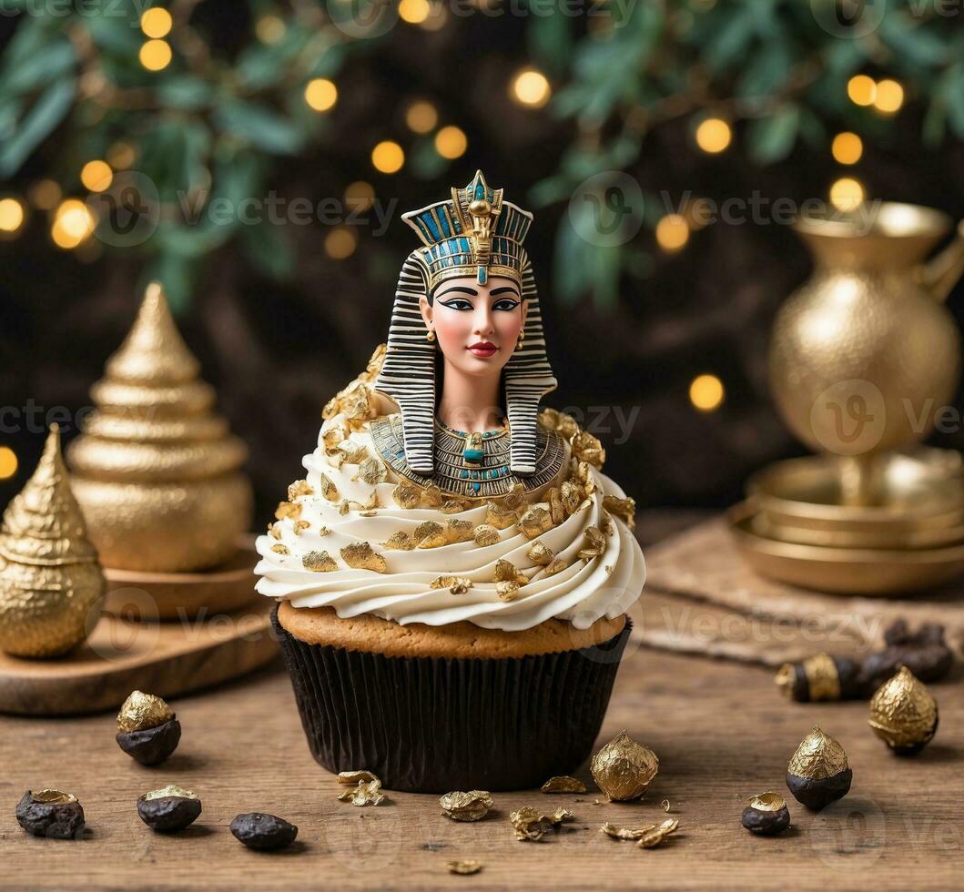 ai généré petit gâteau avec une reine et une or couronne sur Haut. photo