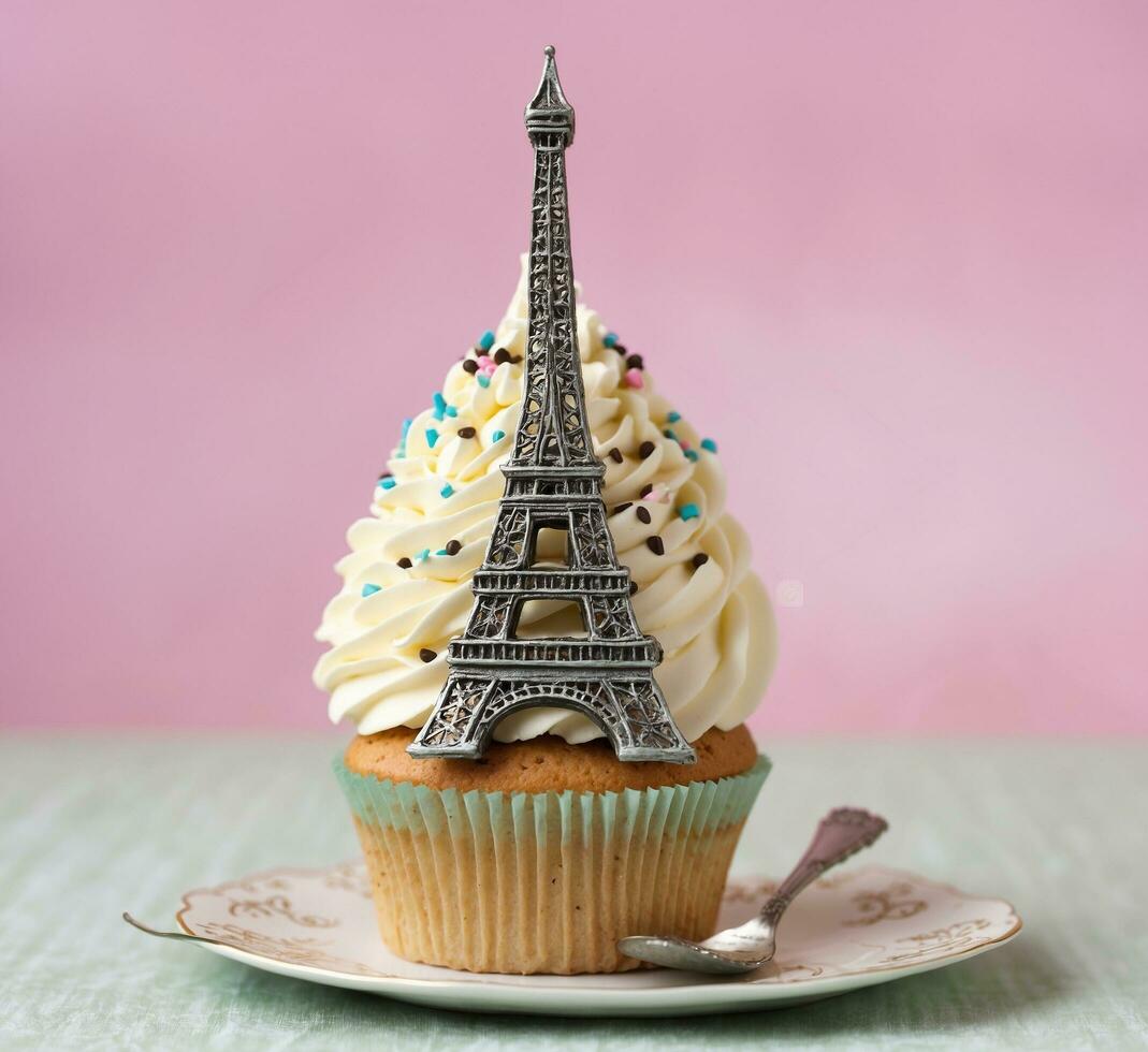 ai généré Eiffel la tour petit gâteau avec blanc crème au beurre Glaçage, sélectif concentrer photo