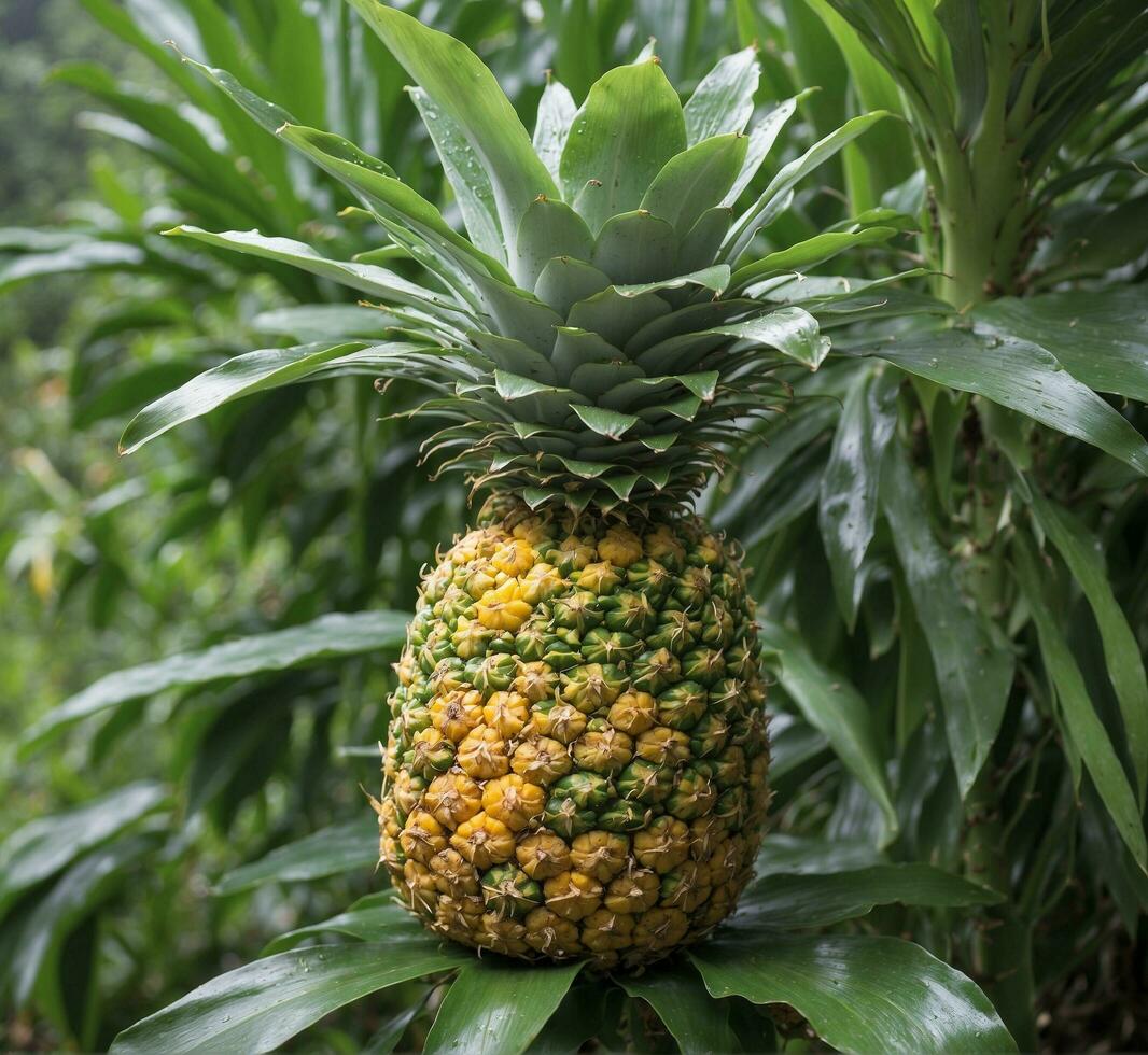 ai généré ananas sur le arbre dans le jardin. sélectif se concentrer. photo