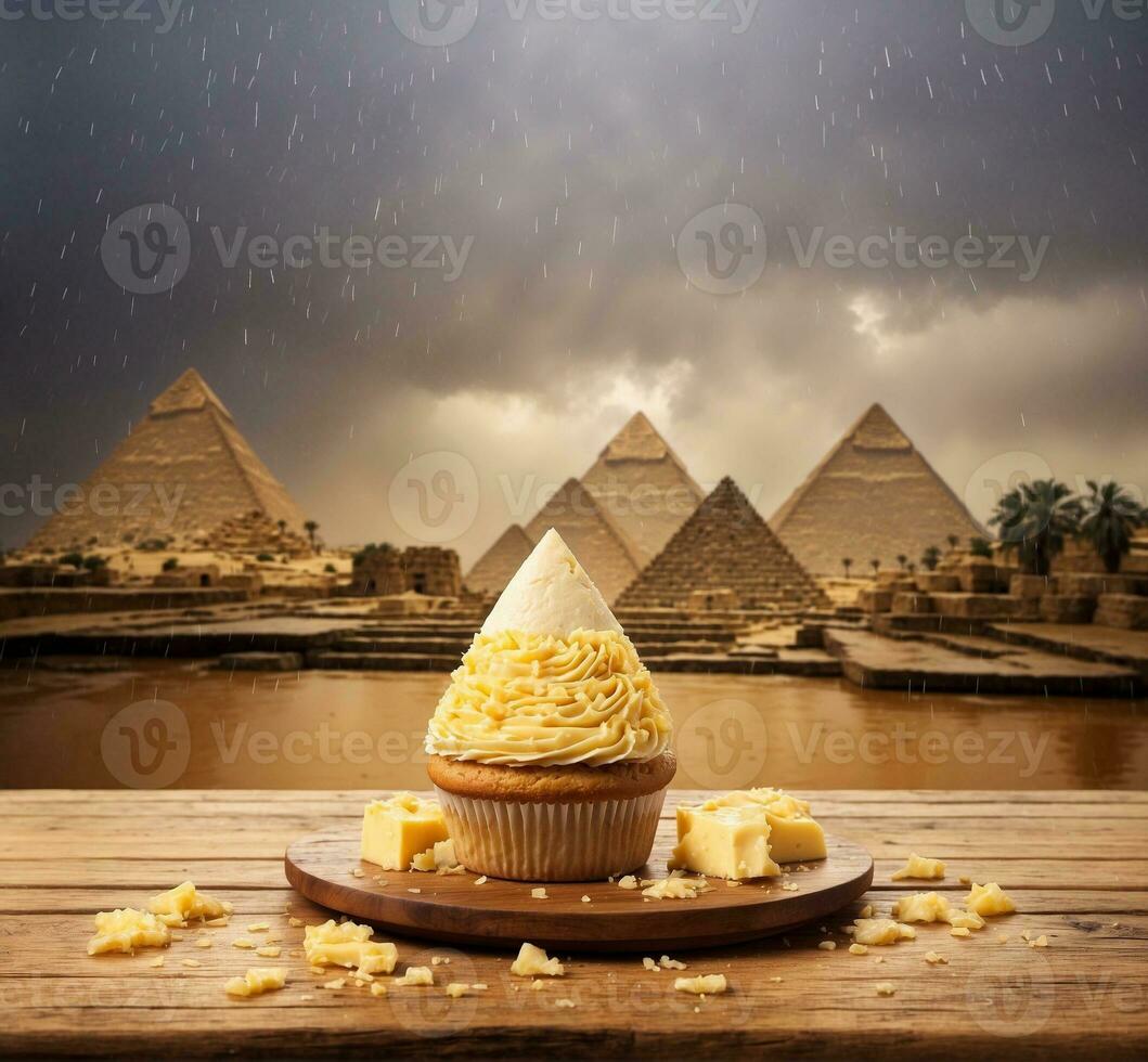 ai généré petit gâteau avec fromage sur en bois table dans de face de gizeh pyramides photo