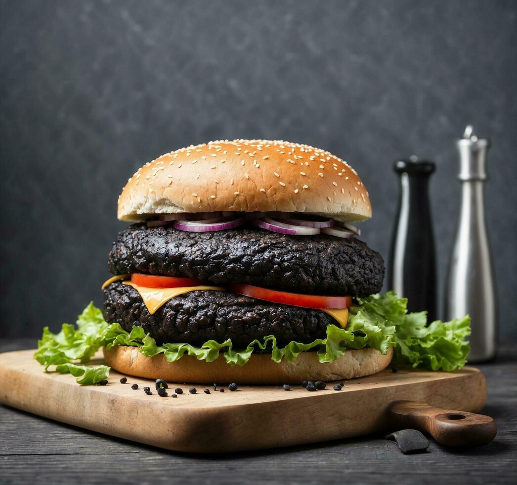 ai généré délicieux noir Burger avec du boeuf petit pâté, fromage, tomate et salade photo