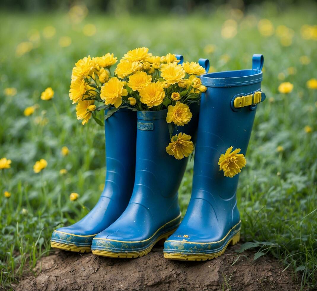 ai généré bouquet de Jaune fleurs dans bleu caoutchouc bottes sur vert herbe photo